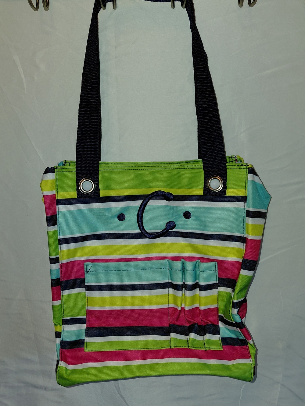thirty-one Striped Tote in Lime, Teal, Pink and Black "C"